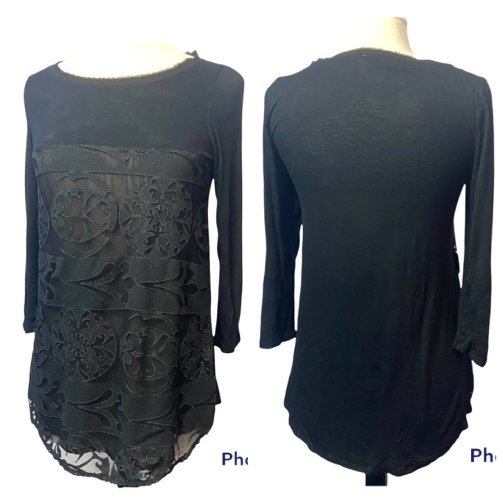 Anthropologie Meadow Rue Women's Black Top Tunic w Lace Overlay